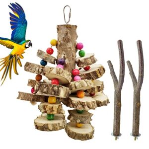 hamiledyi wood macaw toys natural large parrot chewing toy multicolor wooden block tearing hanging bird cage toys for medium cockatoos african grey finch budgie parakeets 3pcs