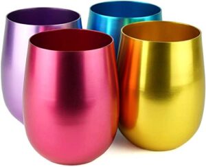 clw aluminum stemless wine/old fashion glass, set of 4, 4-color in a set (purple/blue/pink/gold), 12oz (small)