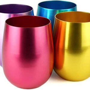 CLW Aluminum Stemless Wine/Old Fashion Glass, Set of 4, 4-Color in a Set (Purple/Blue/Pink/Gold), 12oz (Small)