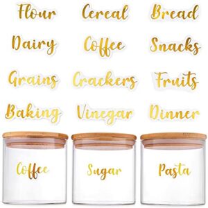 mint living gold pantry labels 100 (90 preprinted +10 blank) kitchen labels - glossy water resistant sticker for kitchen & fridge pantry organization storage containers jars easy reposition