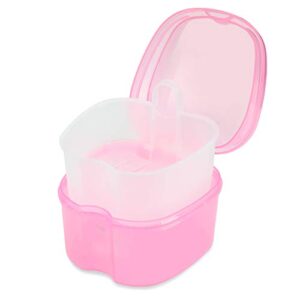 dental orthodontic retainer container cleaning case,denture bath box case cup holder, mouthguard storage soaking case - leak proof with lid waterproof - pink