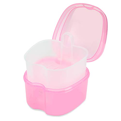 Dental Orthodontic Retainer Container Cleaning Case,Denture Bath Box Case Cup Holder, Mouthguard Storage Soaking Case - Leak Proof with Lid Waterproof - Pink