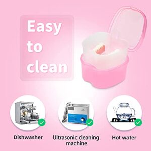 Dental Orthodontic Retainer Container Cleaning Case,Denture Bath Box Case Cup Holder, Mouthguard Storage Soaking Case - Leak Proof with Lid Waterproof - Pink