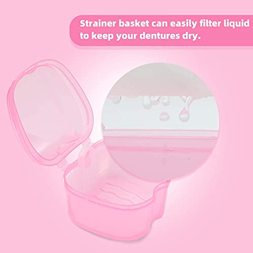 Dental Orthodontic Retainer Container Cleaning Case,Denture Bath Box Case Cup Holder, Mouthguard Storage Soaking Case - Leak Proof with Lid Waterproof - Pink