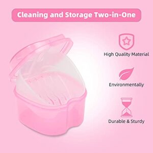 Dental Orthodontic Retainer Container Cleaning Case,Denture Bath Box Case Cup Holder, Mouthguard Storage Soaking Case - Leak Proof with Lid Waterproof - Pink