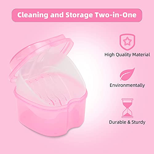 Dental Orthodontic Retainer Container Cleaning Case,Denture Bath Box Case Cup Holder, Mouthguard Storage Soaking Case - Leak Proof with Lid Waterproof - Pink