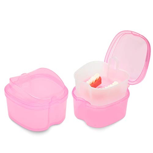 Dental Orthodontic Retainer Container Cleaning Case,Denture Bath Box Case Cup Holder, Mouthguard Storage Soaking Case - Leak Proof with Lid Waterproof - Pink