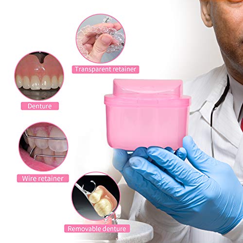 Dental Orthodontic Retainer Container Cleaning Case,Denture Bath Box Case Cup Holder, Mouthguard Storage Soaking Case - Leak Proof with Lid Waterproof - Pink