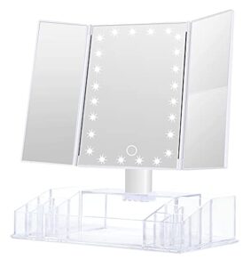 gulauri makeup mirror - lighted makeup mirror with lights and magnification, 3x/2x magnifying, tri-fold cosmetic vanity mirror with 24 led light and storage, touch screen, 180 degree adjustable,white