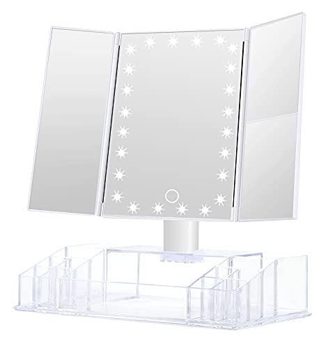 GULAURI Makeup Mirror - Lighted Makeup Mirror with Lights and Magnification, 3x/2x Magnifying, Tri-Fold Cosmetic Vanity Mirror with 24 LED Light and Storage, Touch Screen, 180 Degree Adjustable,White
