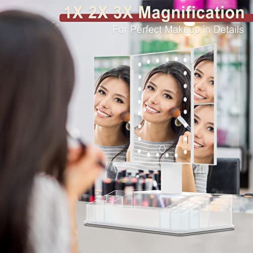 GULAURI Makeup Mirror - Lighted Makeup Mirror with Lights and Magnification, 3x/2x Magnifying, Tri-Fold Cosmetic Vanity Mirror with 24 LED Light and Storage, Touch Screen, 180 Degree Adjustable,White