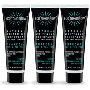 ecotomorrow charcoal whitening toothpaste - natural juá & tea tree, fluoride free, plant based with peppermint essential oil - 4.0oz (pack of 3)