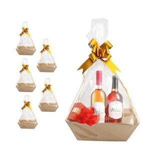 [5 pk] baskets for gifts empty | 8x10” kraft gift basket kit with basket empty, basket bags, gold pull bows | wine basket gift set | christmas, easter, occasions | gift to impress - upper midland