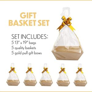 [5 Pk] Baskets for Gifts Empty | 8x10” Kraft Gift Basket Kit with Basket Empty, Basket Bags, Gold Pull Bows | Wine Basket Gift Set | Christmas, Easter, Occasions | Gift to Impress - Upper Midland