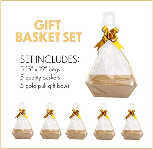 [5 Pk] Baskets for Gifts Empty | 8x10” Kraft Gift Basket Kit with Basket Empty, Basket Bags, Gold Pull Bows | Wine Basket Gift Set | Christmas, Easter, Occasions | Gift to Impress - Upper Midland