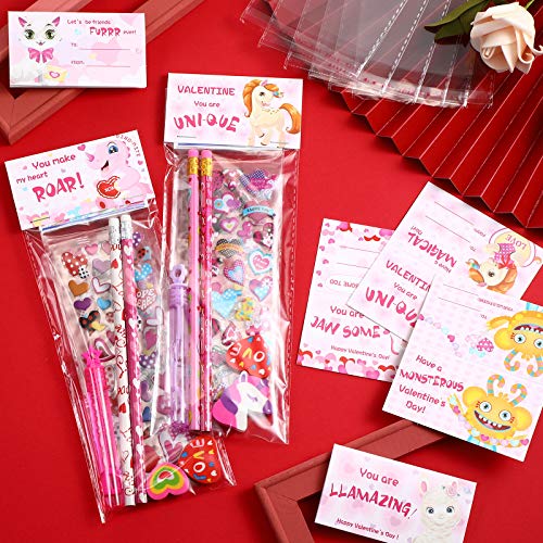 48 Pack Valentine's Day Stationery Favor Bags Self-adhesive Cellophane Plastic Cello Present Bags with Cute Bag Toppers for Kids Valentine Party Classroom Exchange Presents Party Wrapping Supplies