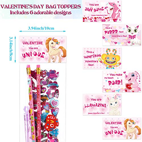 48 Pack Valentine's Day Stationery Favor Bags Self-adhesive Cellophane Plastic Cello Present Bags with Cute Bag Toppers for Kids Valentine Party Classroom Exchange Presents Party Wrapping Supplies