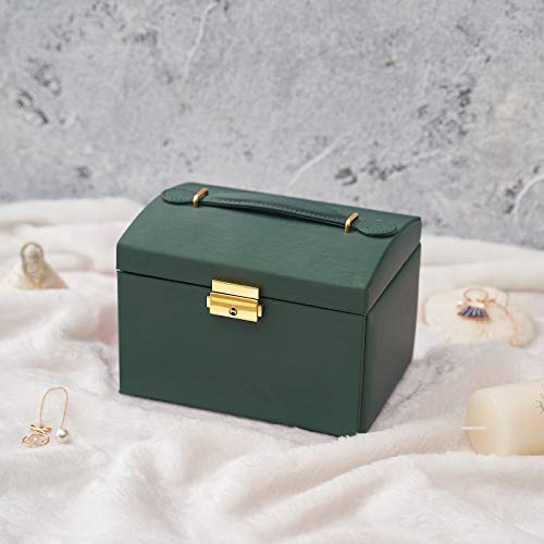 Volance Jewelry Box Organizer for Women Girls,3 Layer Medium Sized PU Leather Jewelry Storage Box with Lock and Removable Tray,for Necklace Earrings Rings Bracelets - Green