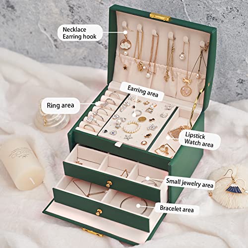 Volance Jewelry Box Organizer for Women Girls,3 Layer Medium Sized PU Leather Jewelry Storage Box with Lock and Removable Tray,for Necklace Earrings Rings Bracelets - Green