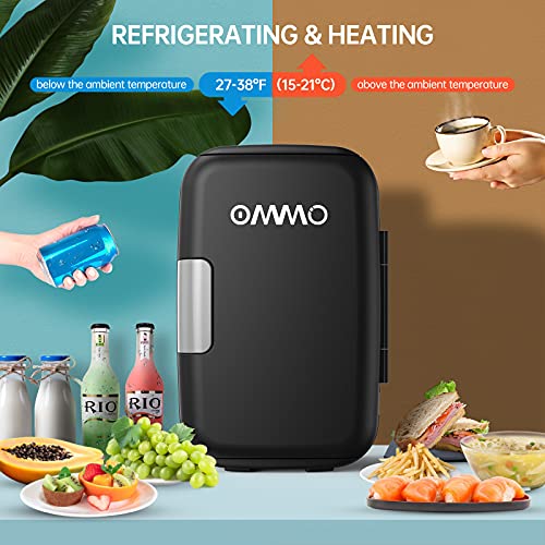 OMMO Mini Fridge, 6 L Portable Fridge, Cooler and Warmer Compact Small Refrigerator with AC/DC Power, for Skincare, Medications, Beverage, Home and Travel, Black