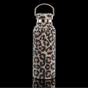 rbklo sparkling rhinestone insulated bottle, bling thermal bottle diamond thermol, vacuum flask mug coffee cups, thermos cups for hot drinks leakproof, best gift for men women (leopard, 500ml)