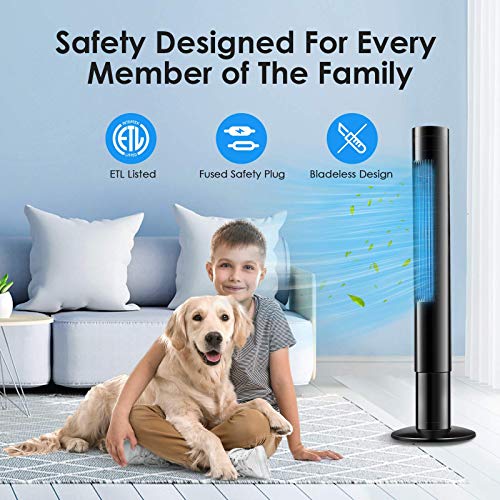 Bladeless Tower Fan - 43” 85°Oscillating Fan with Remote Control , LED Display, 3 Mode& 3 Speed 12 Hours Timer Quiet and Compact Vertical Fan, Safe for Kids and Pets, Home, Office use -5314 black