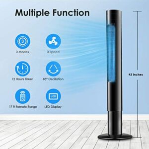 Bladeless Tower Fan - 43” 85°Oscillating Fan with Remote Control , LED Display, 3 Mode& 3 Speed 12 Hours Timer Quiet and Compact Vertical Fan, Safe for Kids and Pets, Home, Office use -5314 black