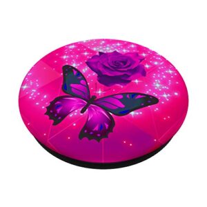 Rose Flower Cell Phone Button Pop Up Holder Pink Butterfly PopSockets PopGrip: Swappable Grip for Phones & Tablets