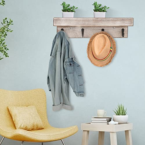 Flyisland Vintage Rustic Wood Wall Mounted Entryway Shelf with 4 Antique Metal Hooks (4 Hooks, Black)