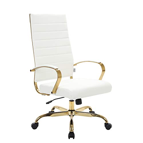 LeisureMod Benmar Modern High-Back Adjustable Swivel Leather Office Chair with Gold Frame (White)