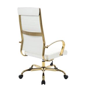 LeisureMod Benmar Modern High-Back Adjustable Swivel Leather Office Chair with Gold Frame (White)