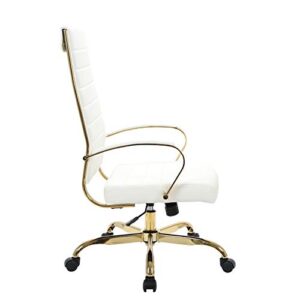 LeisureMod Benmar Modern High-Back Adjustable Swivel Leather Office Chair with Gold Frame (White)