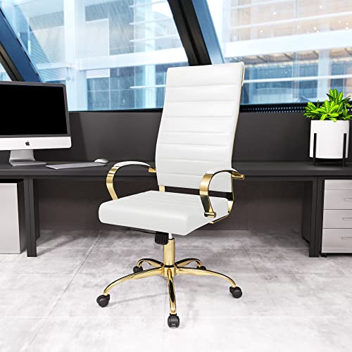 LeisureMod Benmar Modern High-Back Adjustable Swivel Leather Office Chair with Gold Frame (White)