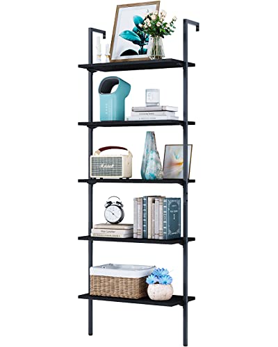 ODK 5-Tier Ladder Shelf, 74 Inches Wall Mounted Ladder Bookshelf with Metal Frame, Open Industrial Shelves for Home Office, Bedroom and Living Room, Black