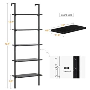 ODK 5-Tier Ladder Shelf, 74 Inches Wall Mounted Ladder Bookshelf with Metal Frame, Open Industrial Shelves for Home Office, Bedroom and Living Room, Black