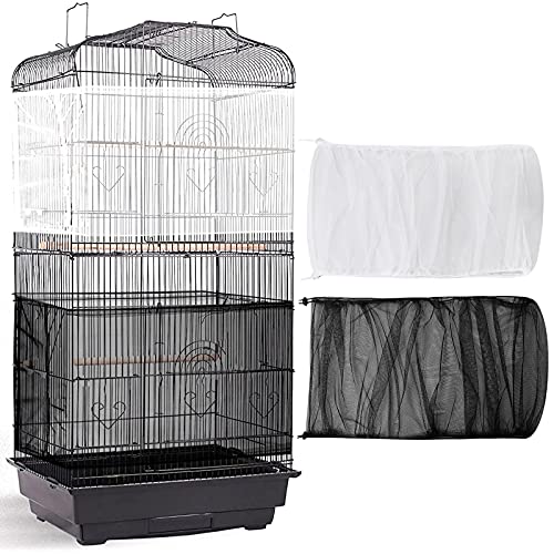 2 Pieces Adjustable Bird Cage Cover Birdcage Nylon Mesh Netting Birdcage Cover Seed Catcher Soft Skirt Guard for Parrot Parakeet Macaw Round Square Cage (White, Black, 78 x 14.6 Inch)