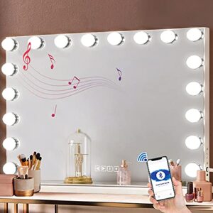 FENCHILIN Vanity Mirror for Makeup Bluetooth, Extra Large Hollywood Lighted Mirror with 18 Dimming LED Bulbs Smart, Tabletop/Hanging Cosmetic Mirror with Touch Screen & USB Charging Port & Speaker