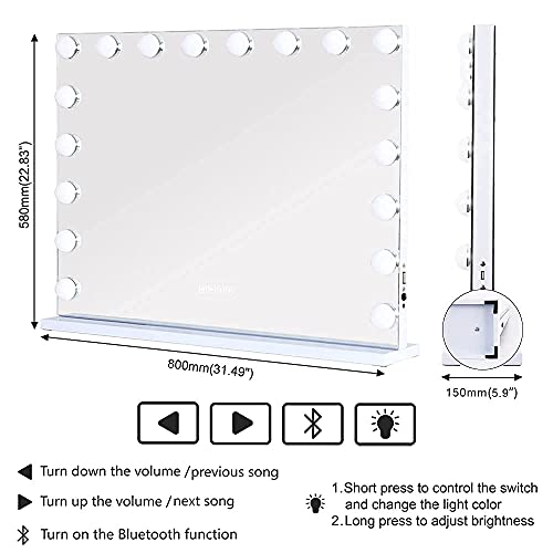 FENCHILIN Vanity Mirror for Makeup Bluetooth, Extra Large Hollywood Lighted Mirror with 18 Dimming LED Bulbs Smart, Tabletop/Hanging Cosmetic Mirror with Touch Screen & USB Charging Port & Speaker