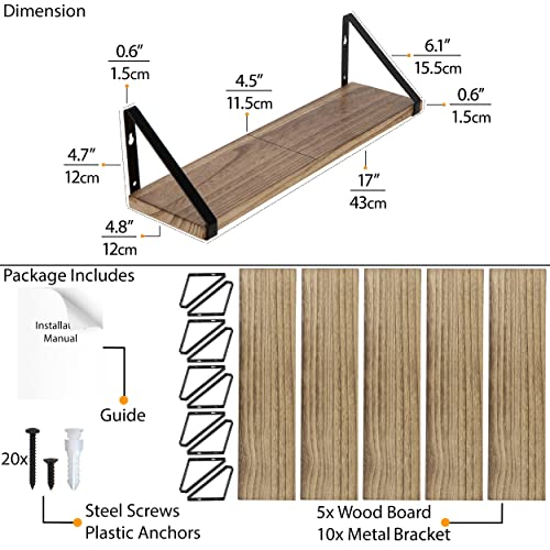 Wallniture Ponza Wood Floating Shelves for Wall Storage, Natural Burned Small Bookshelf Set of 5