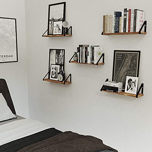 Wallniture Ponza Wood Floating Shelves for Wall Storage, Natural Burned Small Bookshelf Set of 5