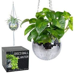 scandinordica disco ball planter – disco ball plant hanger, mirror disco planter with chain and macrame hanger, hanging planters for indoor plants | 6 inch silver