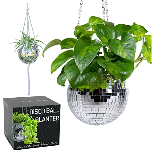 SCANDINORDICA Disco Ball Planter – Disco Ball Plant Hanger, Mirror Disco Planter with Chain and Macrame Hanger, Hanging Planters for Indoor Plants | 6 inch Silver