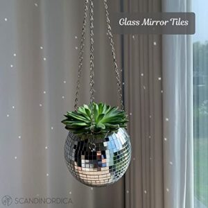 SCANDINORDICA Disco Ball Planter – Disco Ball Plant Hanger, Mirror Disco Planter with Chain and Macrame Hanger, Hanging Planters for Indoor Plants | 6 inch Silver