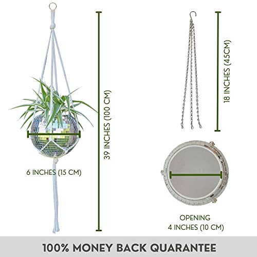 SCANDINORDICA Disco Ball Planter – Disco Ball Plant Hanger, Mirror Disco Planter with Chain and Macrame Hanger, Hanging Planters for Indoor Plants | 6 inch Silver