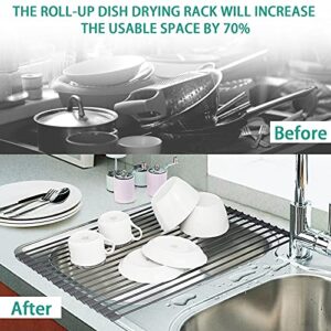 Roll Up Dish Drying Rack, 20.4’’ x 14.1’’ Over The Sink Multipurpose Roll Up Dish Rack Kitchen Portable Roll Up Sink Drying Rack, Anti-Slip Silicone Rolling Dish Drainer for Kitchen Counter