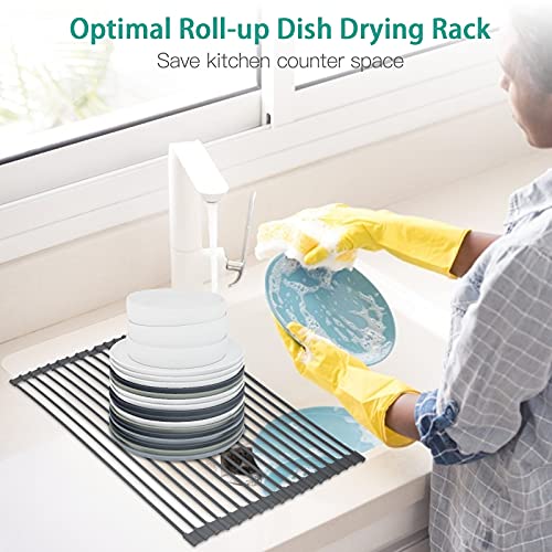 Roll Up Dish Drying Rack, 20.4’’ x 14.1’’ Over The Sink Multipurpose Roll Up Dish Rack Kitchen Portable Roll Up Sink Drying Rack, Anti-Slip Silicone Rolling Dish Drainer for Kitchen Counter