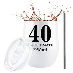 40th birthday gifts | 40 is the ultimate f word | stainless steel tumbler/mug for men women husband wife her forty bday wine gift by jenvio (glitter white, 12 ounce)