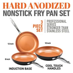 Gotham Steel Hard Anodized 8” 10” & 12” Premium Chef’s Skillet Set, with Ultimate Nonstick Ceramic & Titanium Coating, Oven and Dishwasher Safe, Brown, Large