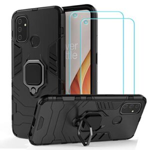 ytaland for oneplus nord n100 case,with 2 x tempered glass screen protector. (3 in 1) shockproof bumper defender protective phone cover with ring kickstand (black)