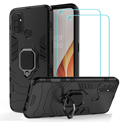 Ytaland for Oneplus Nord N100 Case,with 2 x Tempered Glass Screen Protector. (3 in 1) Shockproof Bumper Defender Protective Phone Cover with Ring Kickstand (Black)